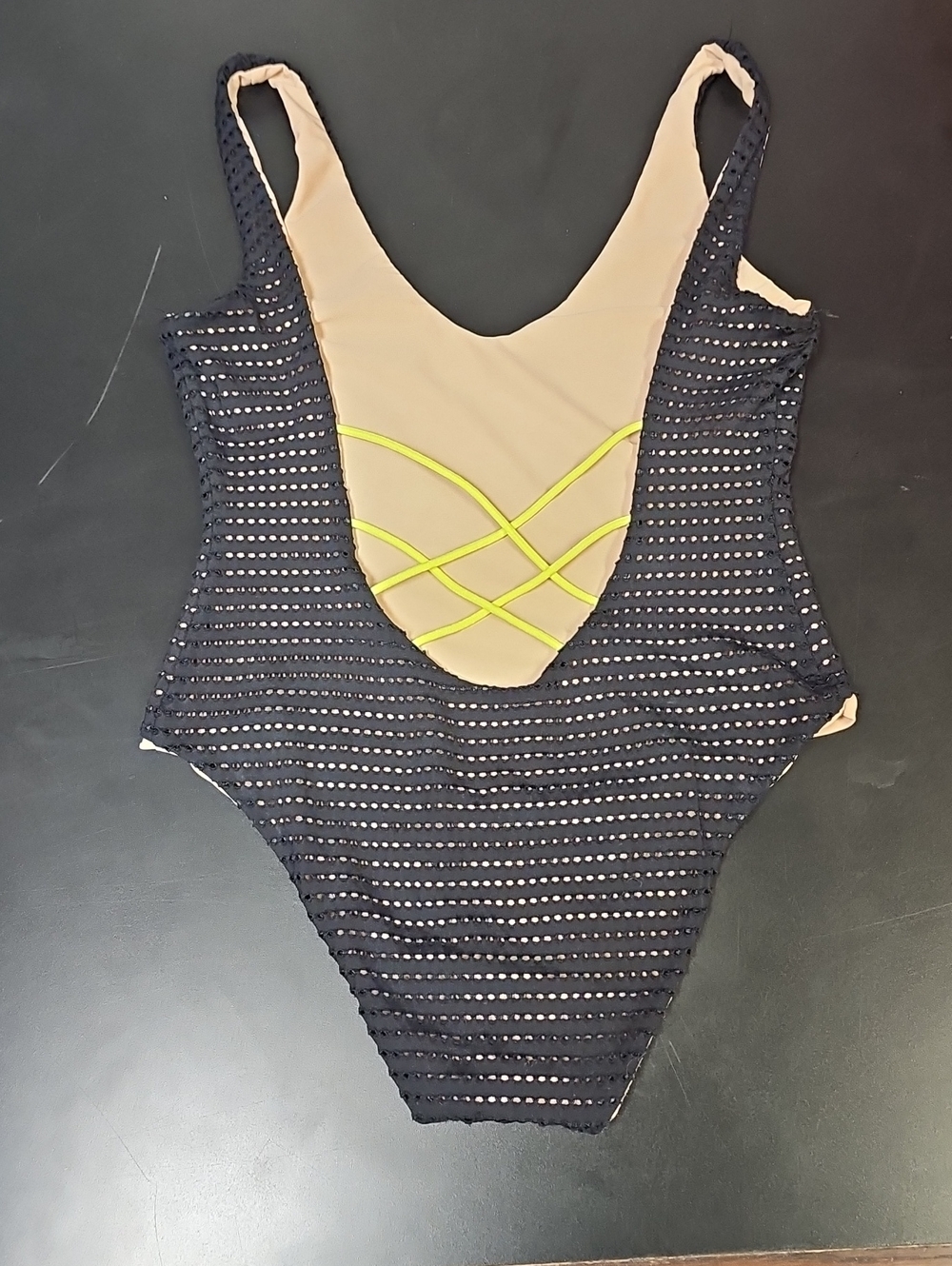 Women’s Black One-Piece Swimsuit with Nude Lining and Neon Accent